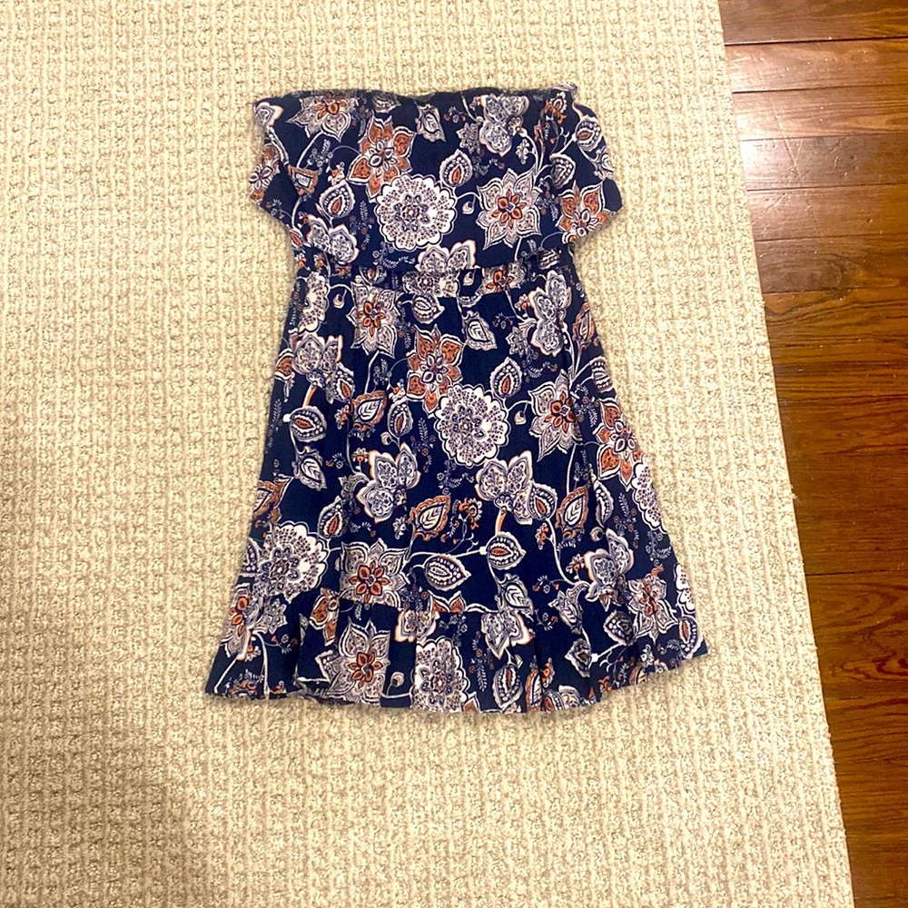 Aqua strapless dress, blue with floral pattern